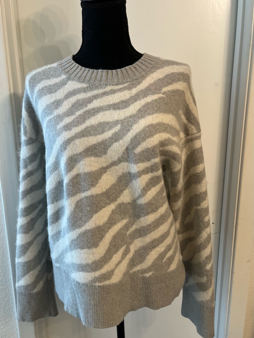 Everlane Zebra-Print Crewneck Sweater in Gray and Cream